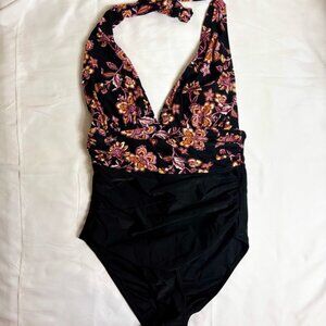 Women's One Piece Swimsuit Size L Black Floral NWOT